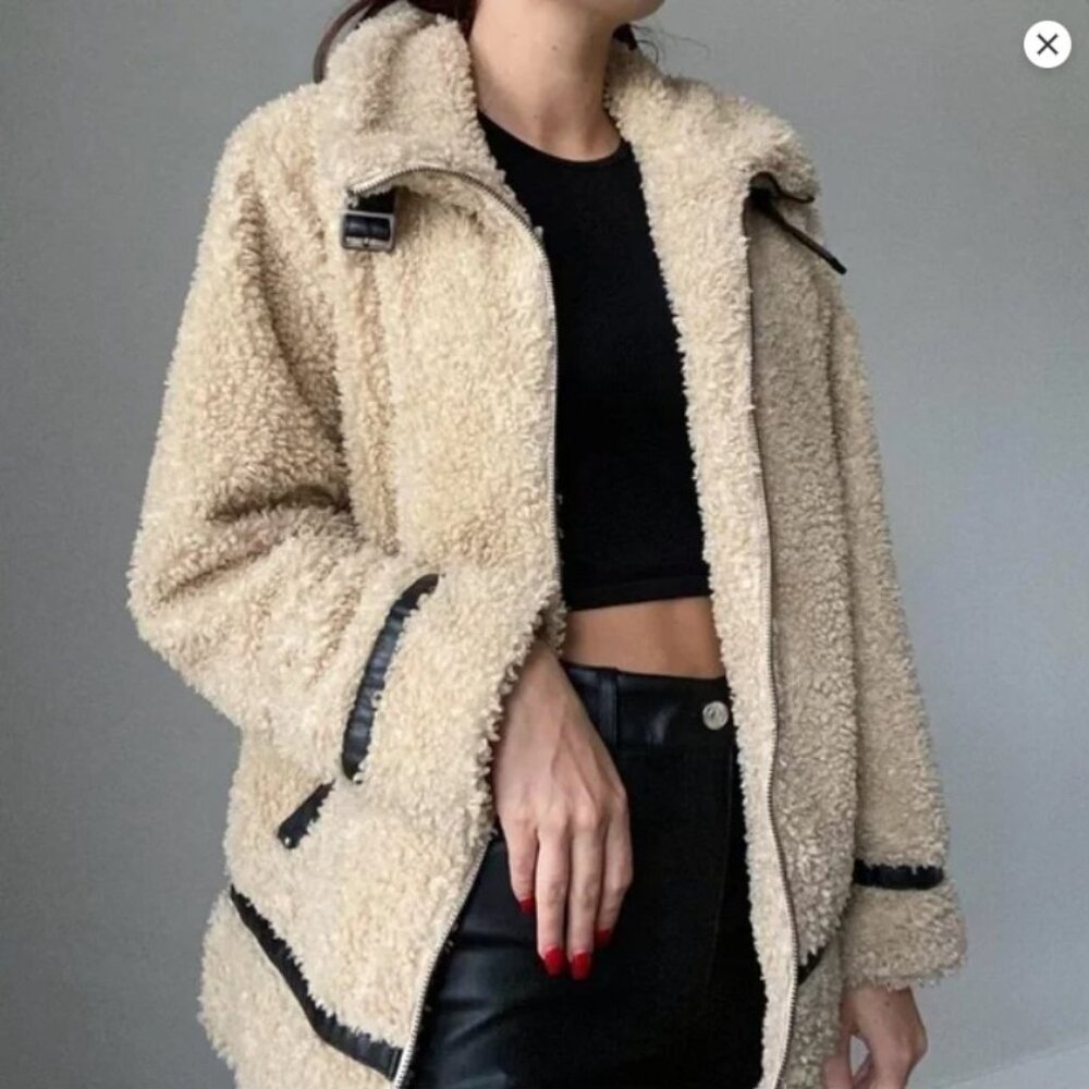 Madden Girl Teddy Motto Jacket Tan Sherp with Faux Leather Trim  Size S